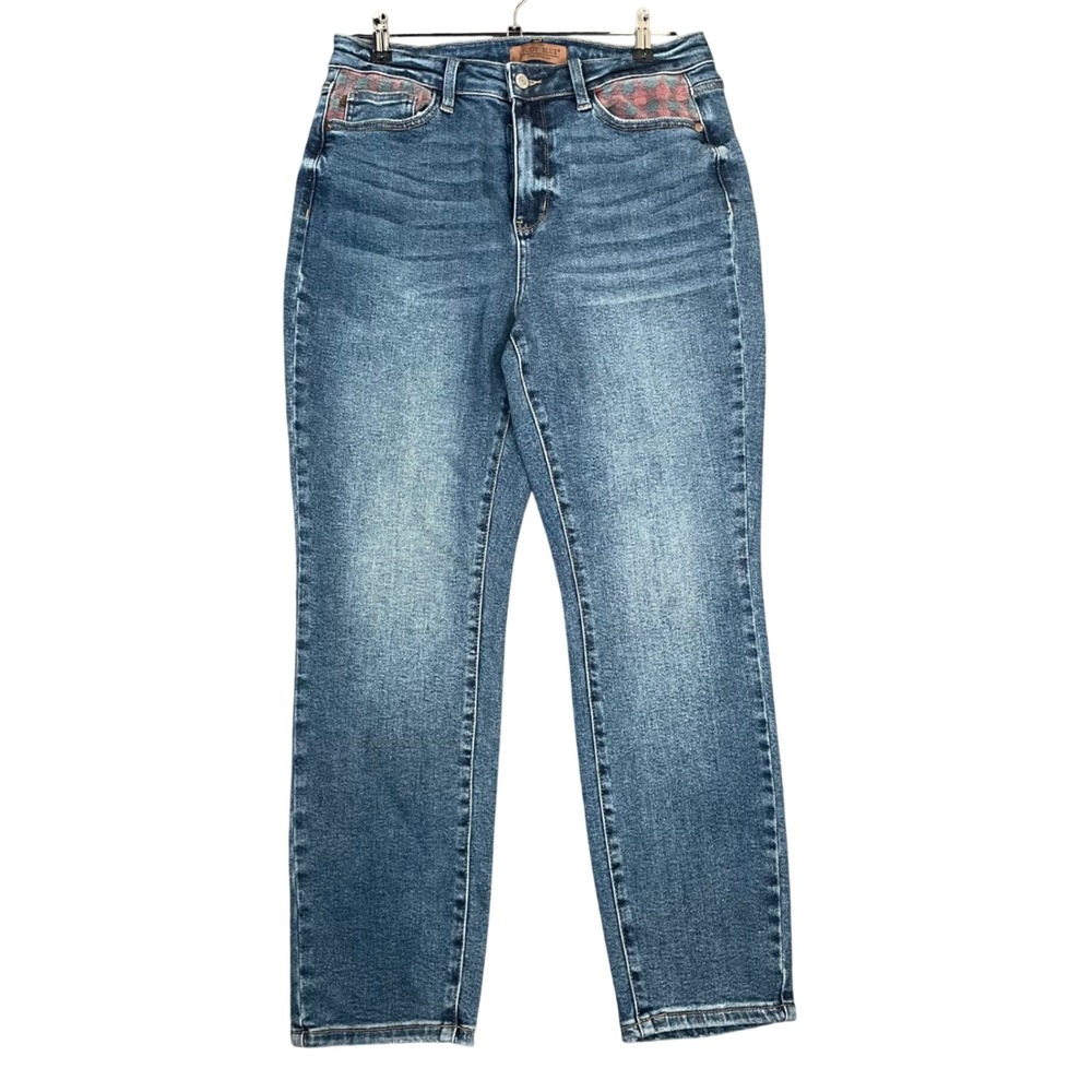 Judy Blue Slim Fit High Rise Straight Leg Jeans Blue Plaid Pockets JB88868 11/30